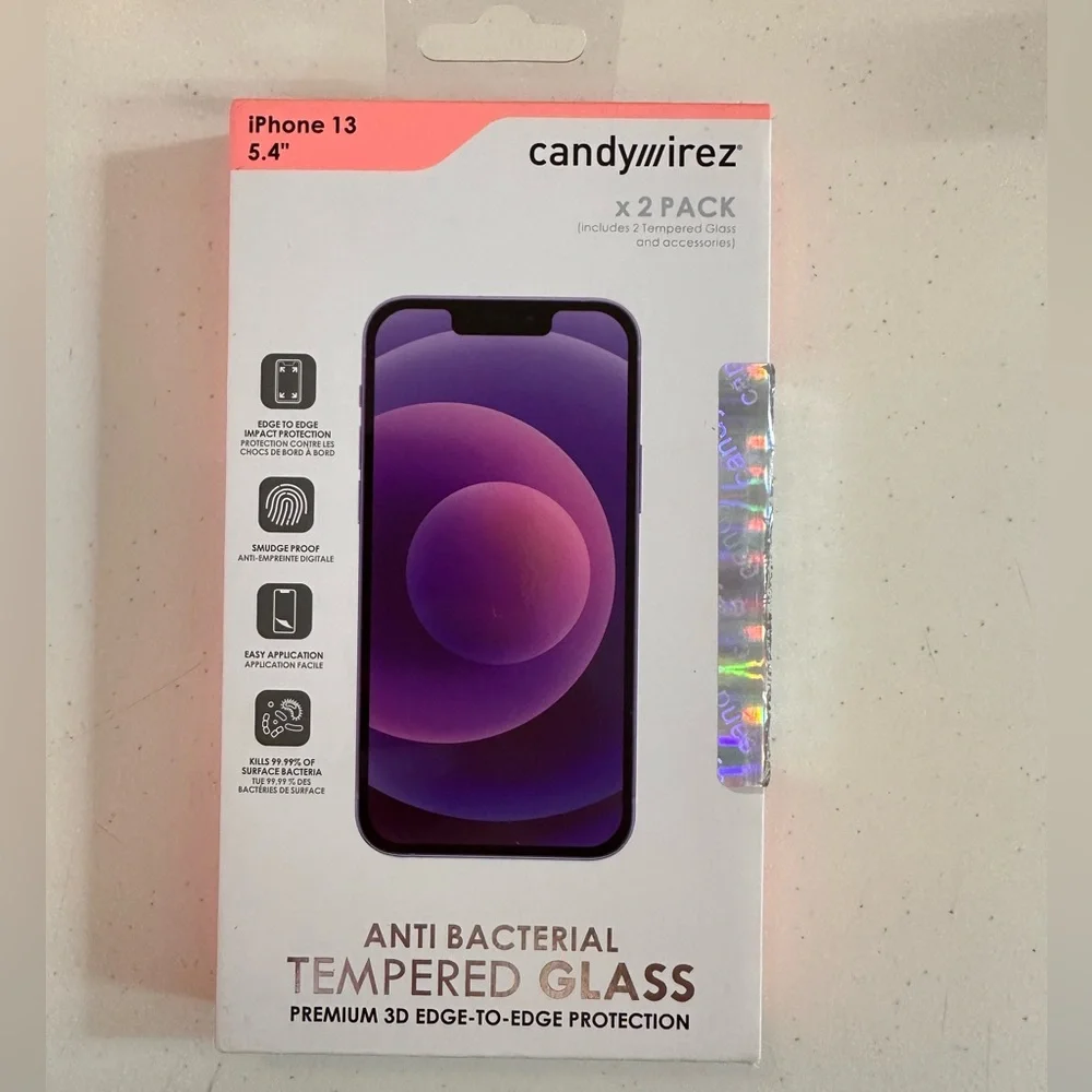Candyirez Antibacterial Incluides 2 Tempered Glass, Iphone 13 5.4”. New in box.